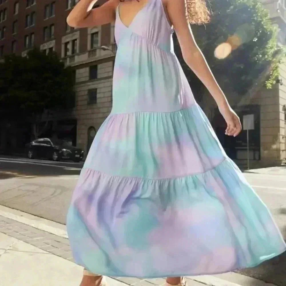 JustFab Rayon Tiered Maxi Dress Lightweight Fairy Flowy Purple  Blue XL NWT